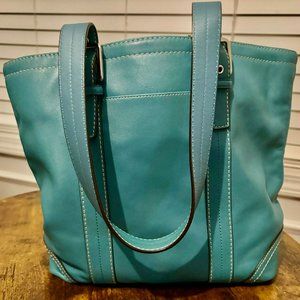 Coach Hampton Teal Blue Smooth Leather Tote Shoulder Bag Purse